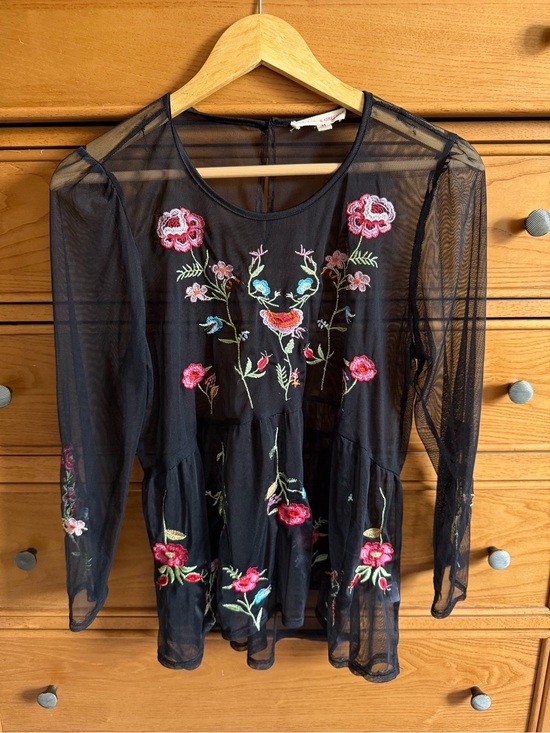grand & greene Tops - Grand & Greene Black Mesh Embroidered Sheer Floral Womens Blouse Sz M Dark Fairy